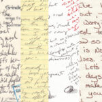 A composite picture of vertical strips from letters, all handwritten. The words themselves are random, because they've been stripped haphazardly from the pages. The inks used are blue, black, red, and brown, on paper that is a faded brown (aged white paper?), yellow legal pad, and bright white.