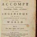 Title page of the Royal Society's first edition (1667). The text reads "PHILOSOPHICAL TRANSACTIONS: GIVING SOME ACCOMPT OF THE PRESENT Undertakings, Studies, and Labours OF THE INGENIOUS IN MANY CONSIDERABLE PARTS OF THE WORLD. Vol I. For Anno 1665, and 1666. In the SAVOY, Printed by T. N. for John Martyn at the Bell, a little with- out Temple-Bar, and James Allestry in Duck-Lane, Printers to the Royal Society." Below in handwritten ink: "Presented by the author May 30th 1667.