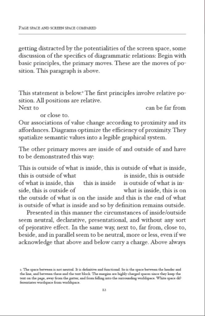 A page of Drucker's book, showing different placements of typeset text and explaining their effects of the publication and, more importantly, on the reader.