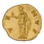 An ancient gold coin with a female figure whose arm is extend. She is Venus, goddess of love and beauty. She is holding an apple, given to her (fatefully) by Paris, whose choice brought about the Trojan War. Around the edge of the coin is stamped "VENVS"