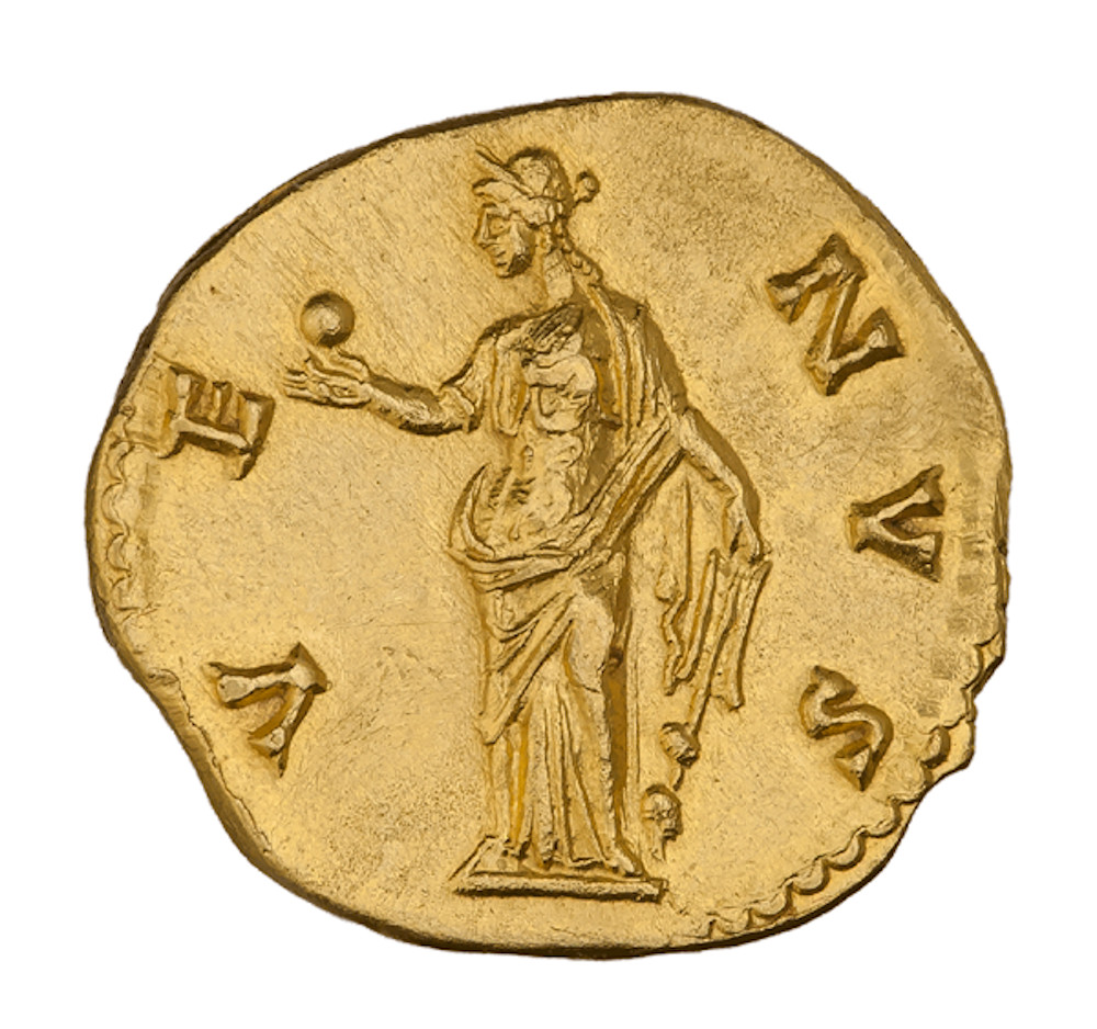 An ancient gold coin with a female figure whose arm is extend. She is Venus, goddess of love and beauty. She is holding an apple, given to her (fatefully) by Paris, whose choice brought about the Trojan War. Around the edge of the coin is stamped "VENVS"